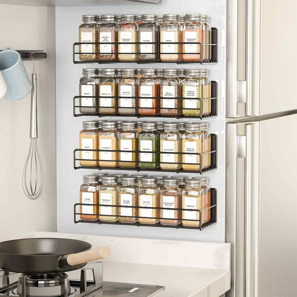 SpaceAid 4 Pack Magnetic Spice Rack with 48 Spice Jars, 400 Spice Labels and Funnel, Space Saving Refrigerator Fridge Oven Shelf Organizer