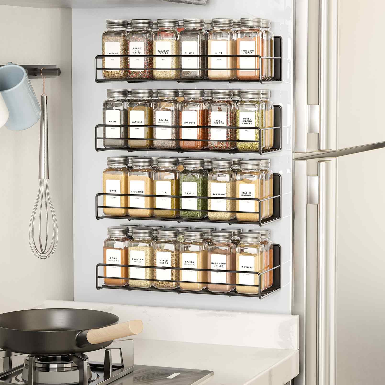 SpaceAid 4 Pack Magnetic Spice Rack with 48 Spice Jars, 400 Spice Labels and Funnel, Space Saving Refrigerator Fridge Oven Shelf Organizer