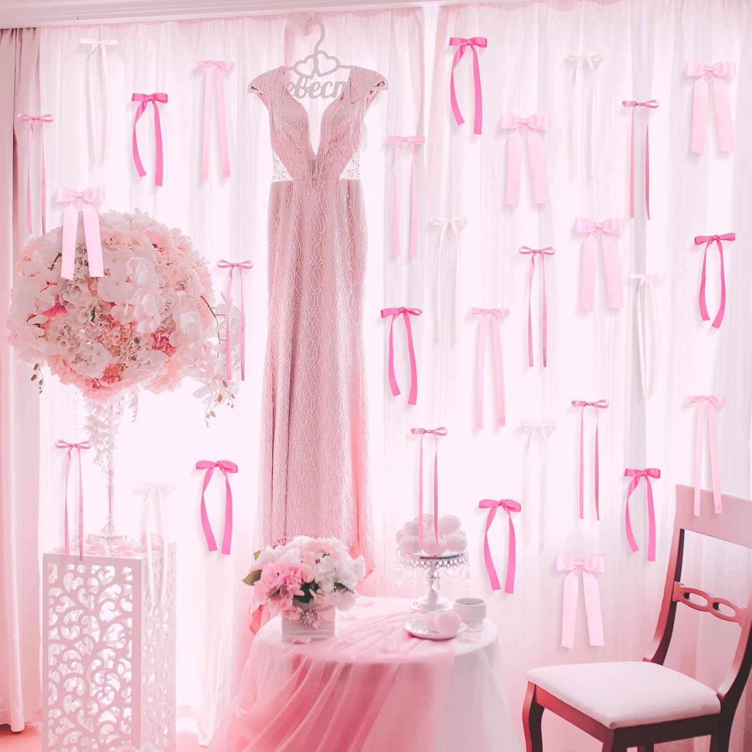 Skiennix 40Pcs Pink Bow Wall Decor - DIY Photo Backdrop & Garland for Birthday, Baby Shower, Bachelorette Party