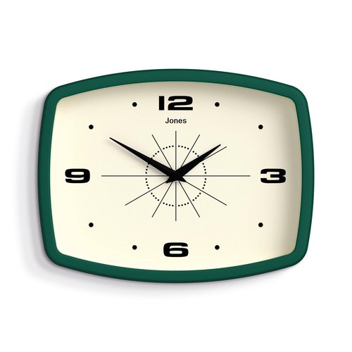JONES CLOCKS® Movie Wall Clock | Rectangular Retro Clock | 10 inch | Dark Green | Cool mid-Century Designer Look for Kitchen, Living Room or Office