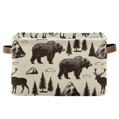 Aslsiy Storage Basket Vintage Deer Bear Moose Nursery Bins National Park Baby Box Canvas Clothes Shelf Basket Laundry Hamper for Home Closet 1 Pcs