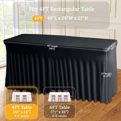 JCJ Table Skirt - Fitted Black Spandex Tablecloth for 4FT Rectangle Tables | Wrinkle Resistant Ruffles