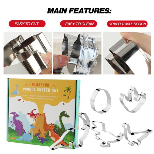 Dinosaur Cookie Cutters Set of 8 -Triceratops, Dinosaur-Egg, Dinosaur-Footprint, Stegosaurus, T-Rex, Baking Mold for Kids Theme Birthday Party Supplies Favors (Gift Box)