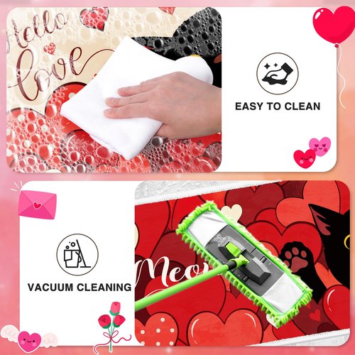 Valentines Day Kitchen Rugs Set of 2, Non Slip Black Cat Red Heart Valentines Kitchen Mats, Hello Love Floor Mat Decor for Indoor Outdoor Valentine Anniversary Home Decorations 17x47 and 17x29 Inch