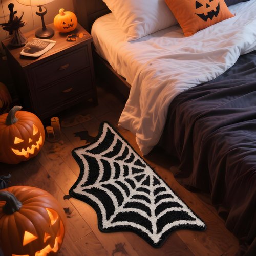 Moutina Spider Web Bath Mat 16x30 Inch Black, Soft and Absorbent Tufted Gothic Halloween Bathroom Rug Non Slip Washable, Gothic Bathroom Decor Rug Holiday Decorations