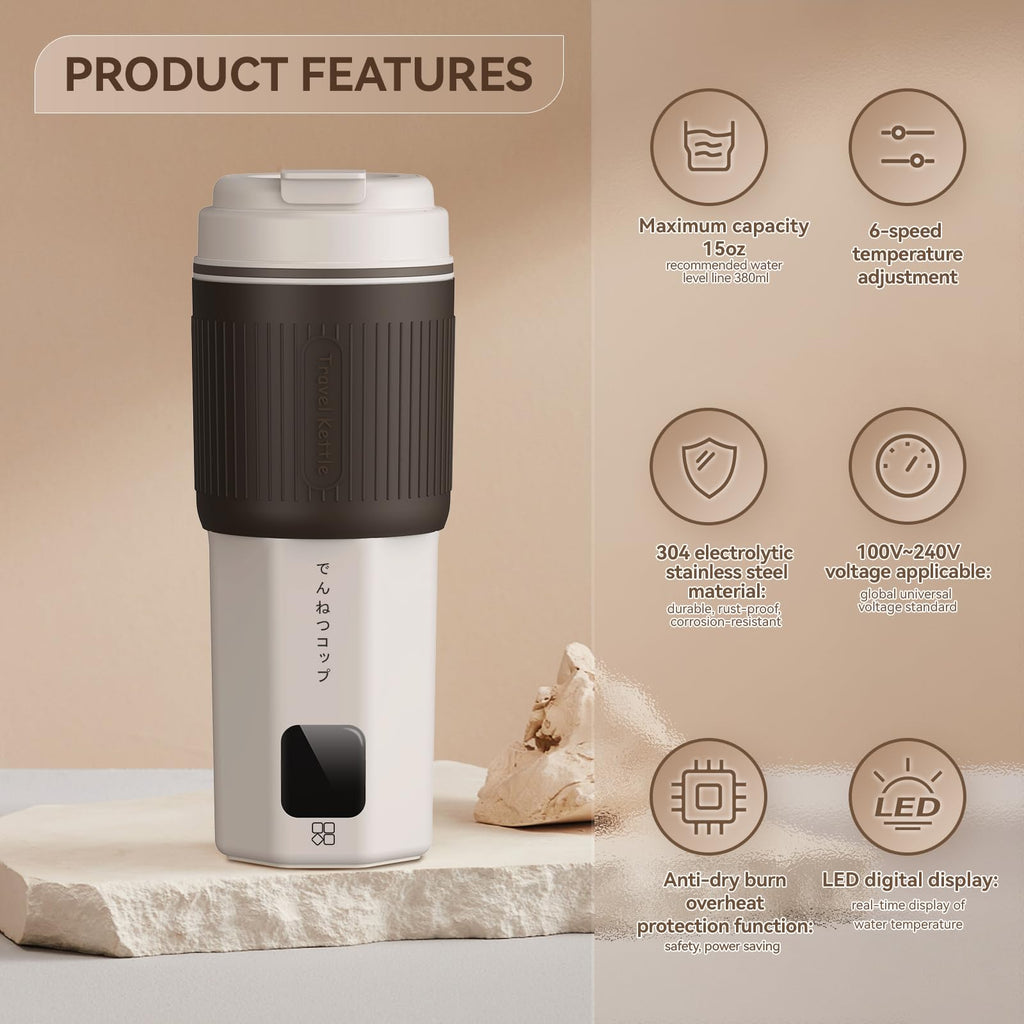 QianShouYan Travel Kettles 13oz 300W with 6 Temperature Control Small Portable Kettles, Overheat Protection Electric Kettle, Stainless Steel Leakproof Design Small Kettle for 110V to 240V