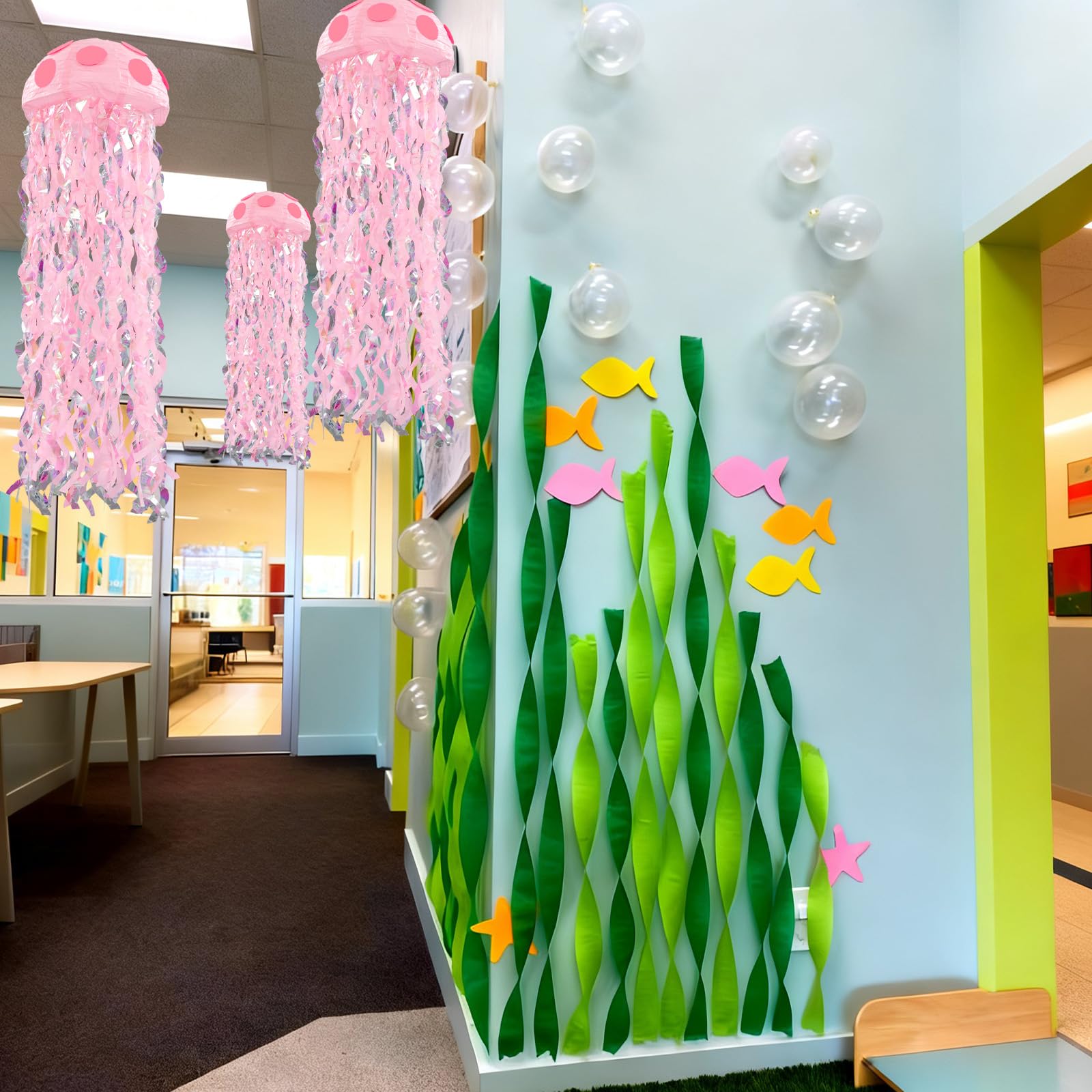 VioraWhite 37 Pcs Cartoon Sponge Mermaid Birthday Party Decorations 6 Pcs 9.8'' Hanging Jellyfish Paper Lanterns with Bubble Garlands Flower Crepe Paper for Mermaid Ocean Under The Sea Birthday Decor