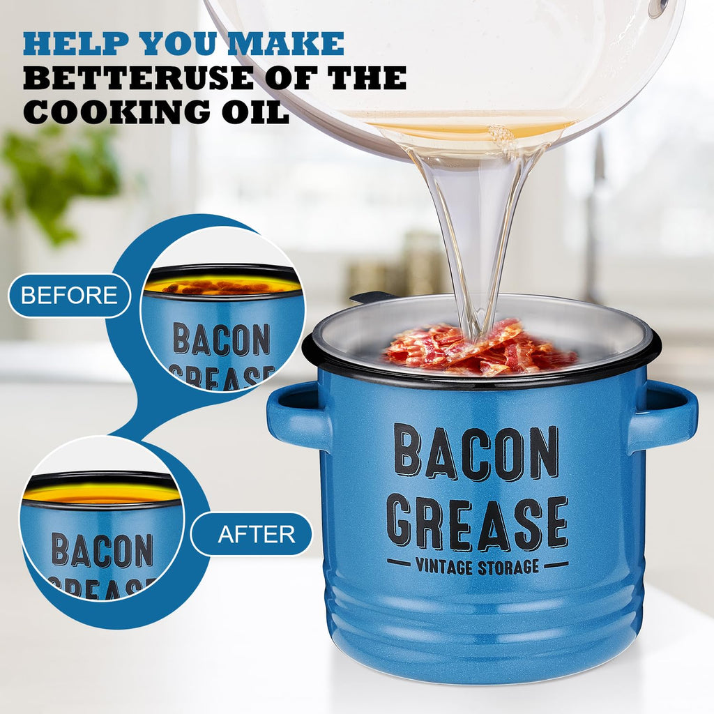 ONEARF Bacon Grease Container with Strainer - Large 46OZ Kitchen Oil Storage Can, Food Saver Bin with Lid | Farmhouse Cooking Pot Keeper Collector, Dishwasher Safe - Blue