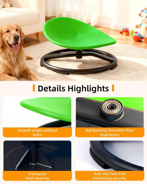 UIIKOLB Spinning Chair for Autistic Kids - Sensory Swivel Seat with 220 lbs Weight Capacity & Non-Slip Base, Improves Balance & Coordination, Sit and Spin Sensory Toy for ADHD/Autism, Ages 3+ (Green)