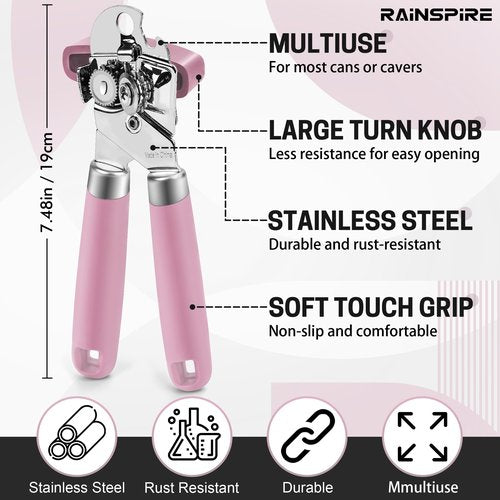 Rainspire Can Opener Manual Handheld Strong Manual Can Opener Smooth Edge Cut, Can Opener Heavy Duty, Comfortable Soft Handle, Built-in Bottle Opener, Pink