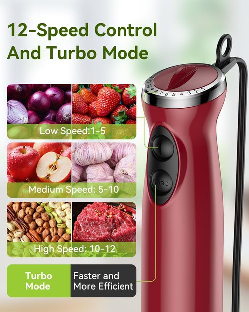 Abuler Immersion Blender - 5-in-1 Hand Mixer with 1000W Power, 12 Speeds & Stainless Steel Attachments | Includes 600ml Beaker & 500ml Chopper