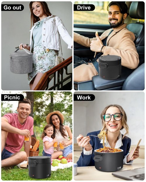 WVJ Electric Lunch Box for Men, 1L/34oz 100W Portable Food Warmer Leak-proof Food Heater for Adults 12V/24V/110V for Car/Truck/Office/On-the-Go Travel Black