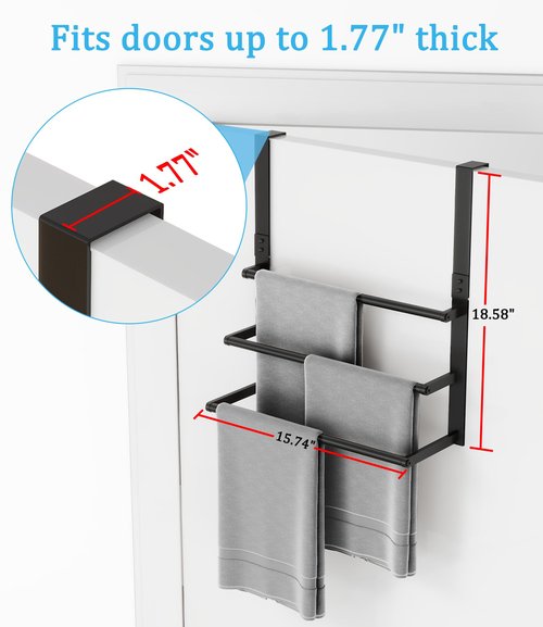 16Inch Over The Door Towel Rack, DOKU Stainless Steel Door Towel Hanger, Over Door Towel Holder with 3 Tier Towel Bars, Over Door Towel Storage for Bathroom, Matte Black