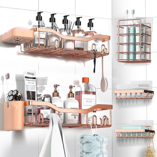 NESOMI Shower Caddy - Rustproof Stainless Steel Organizer with Soap Dish & Hooks | 7-Pack, No-Drill Design