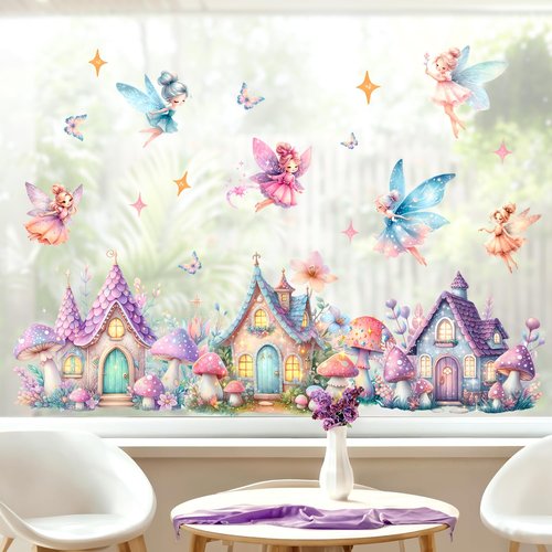 Amaonm Cartoon Princess Butterfly Girls Room Wall Decal Flower Angel with Rainbow Castles Wall Sticker DIY Peel and Stick Mushroom Wall Decor for Home Nursery Bedroom Bathroom (A)