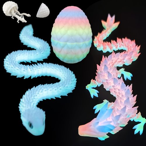 3D Printed Dragon Snake Eggs, Flexible 3D Printed Animal Toys UV Glow in the Dark, Desk Pet for Animal Collectors, Easter Basket Essentials for Teens, Articulated Crystal Dragon Fidget Toys for Adults