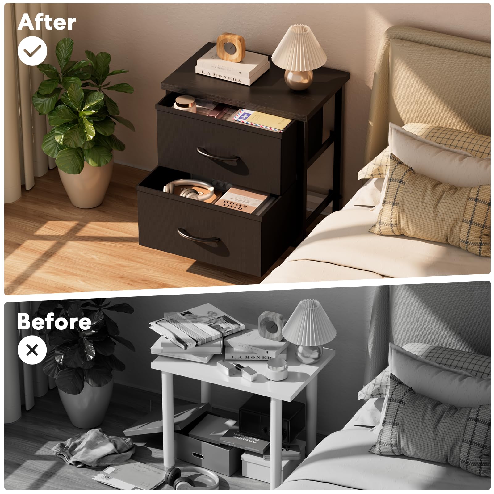 Simple Deluxe Nightstand 2 Drawers Dresser for Bedroom, 3-Tier Bedside Table with Fabric Bins, Night Stand Set 2, End Table for Living Room, Wood top Load-Bearing up to 44 lb, Black