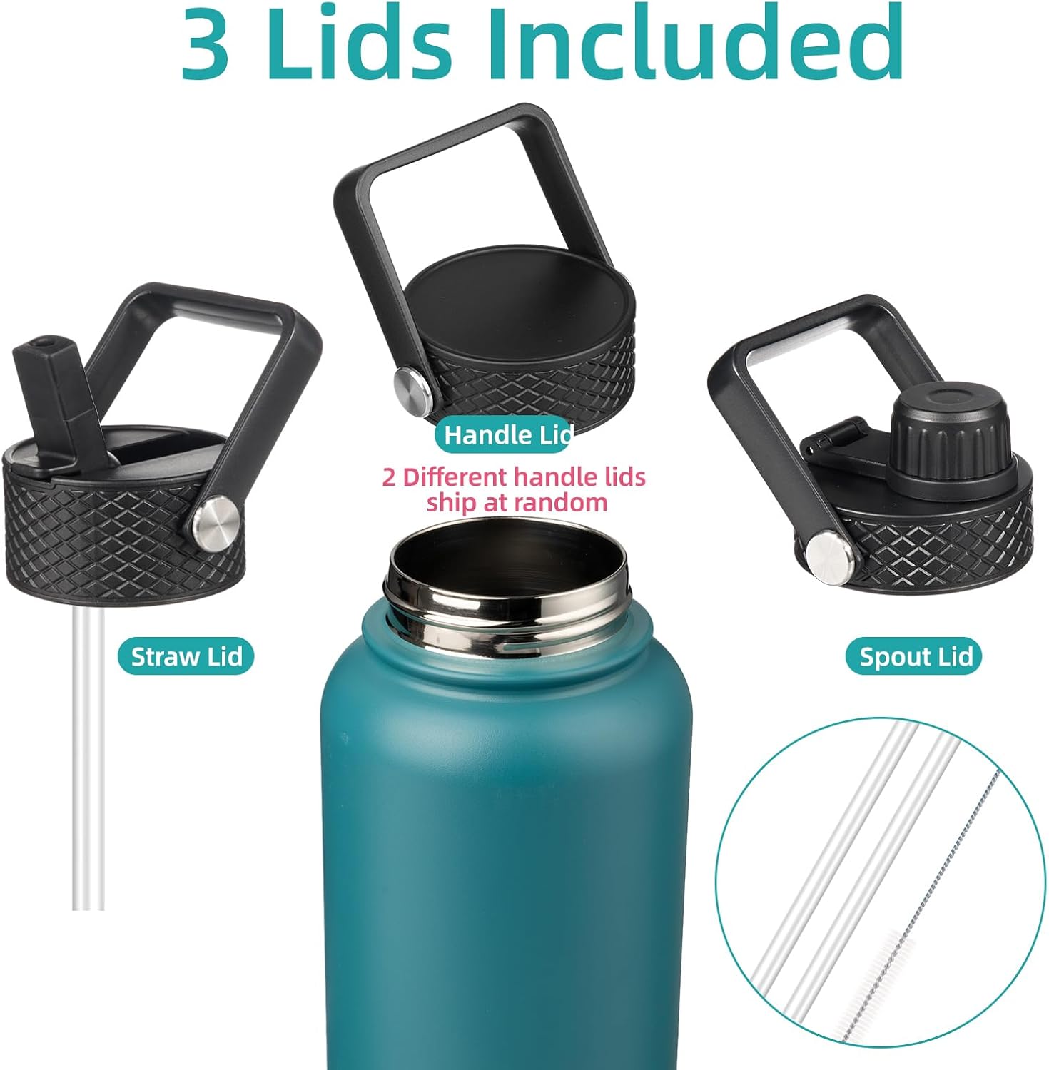 Skiennix 40oz Insulated Water Bottle - Stainless Steel Sport Bottle with 3 Lids | Light Blue