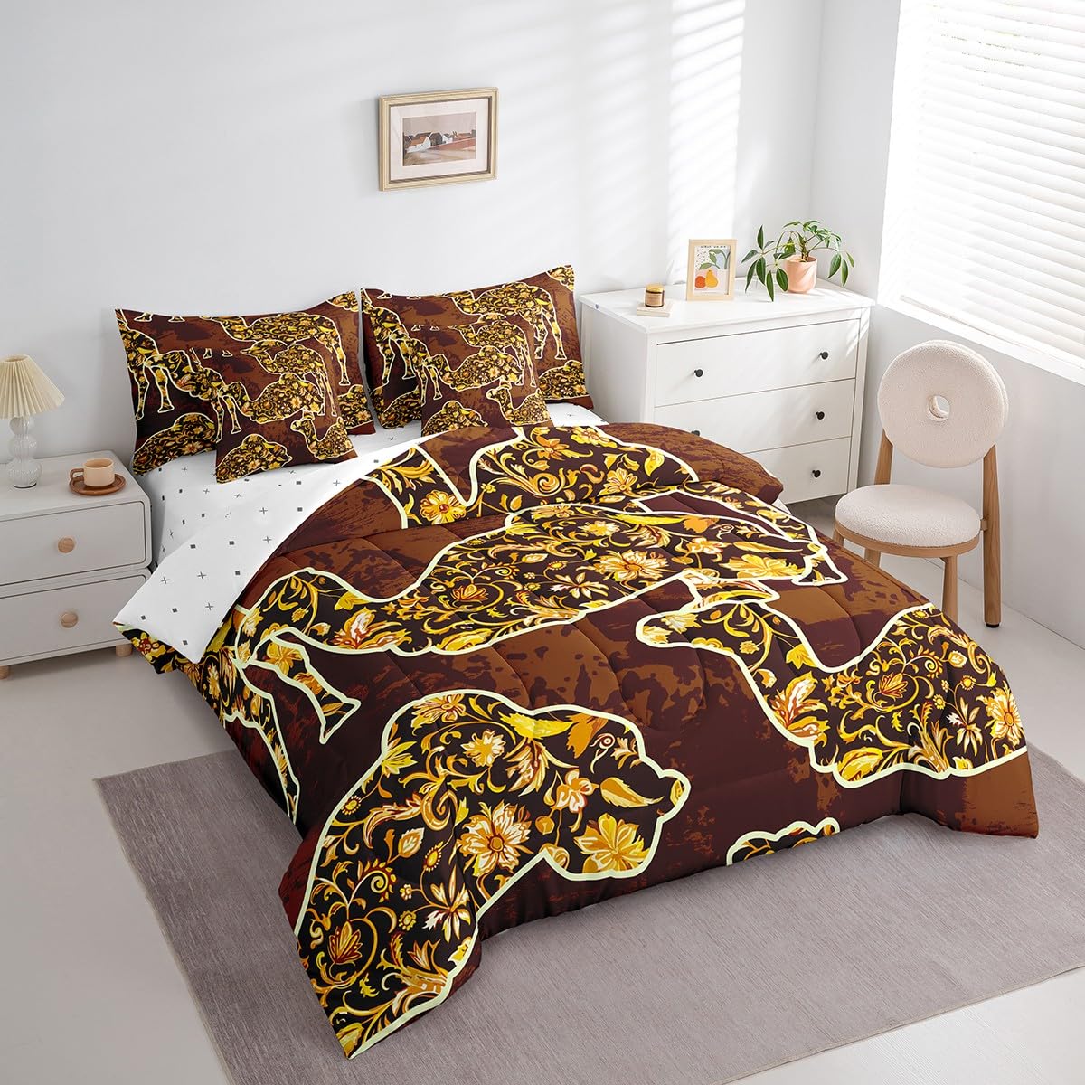 Feelyou Camel Bedding Set Boho Exotic Bed in a Bag Bohemian Damask Comforter Set Queen Size 7 Pieces for Kids Girls Brown European Floral Bed Set with Comforter, Sheet Set, Pillowcases, Pillow Covers