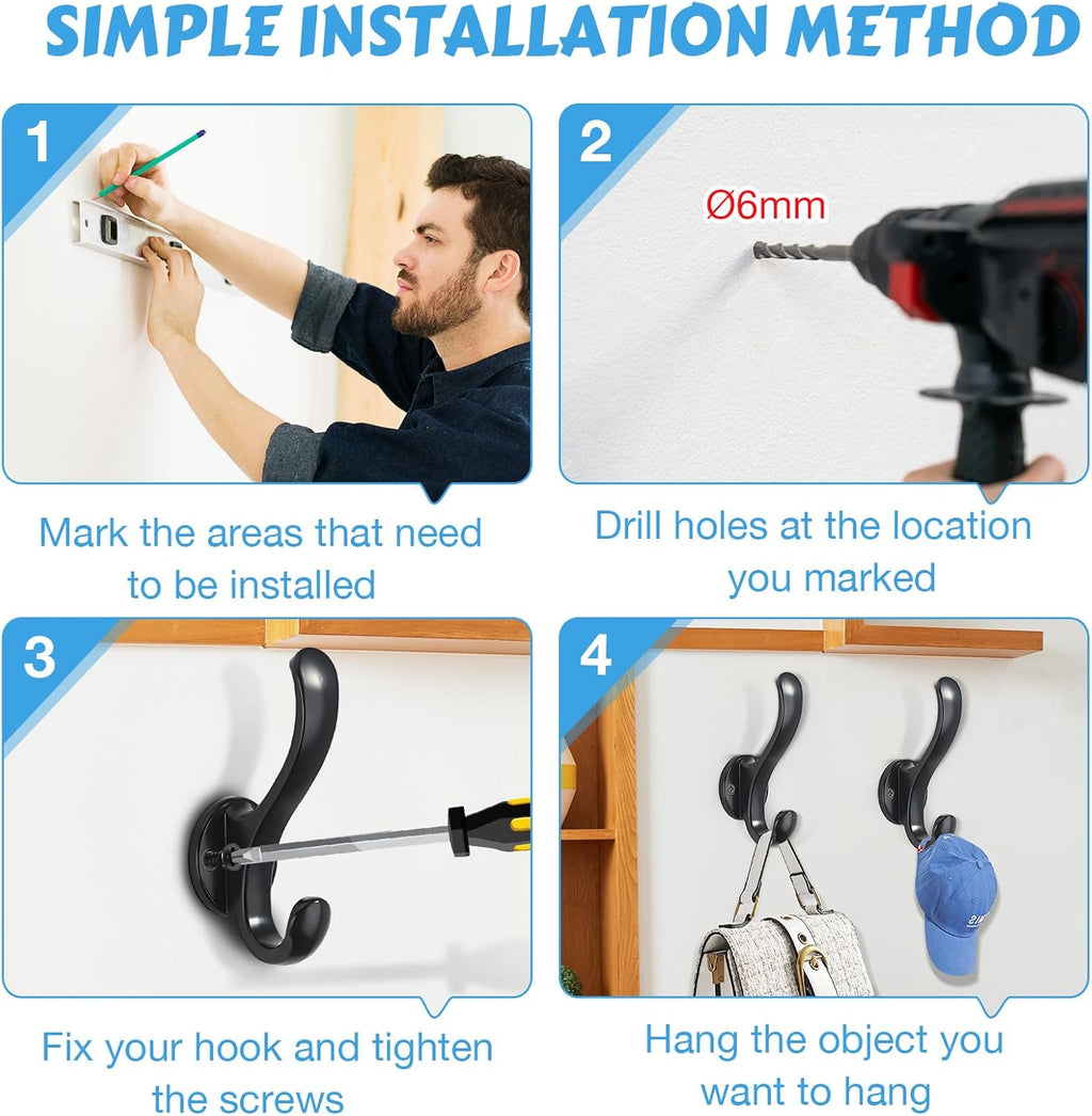 Skiennix 6 Pack Coat Hooks - Heavy Duty Retro Double Hooks for Coats, Hats, Towels & More | Black
