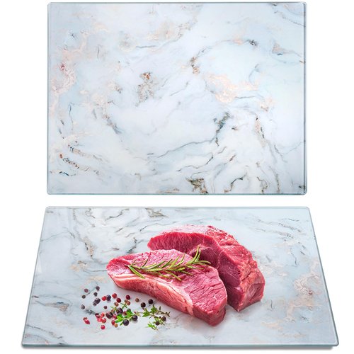 WRINGKIT Set of 2 Glass Cutting Board with Marble Pattern, Tempered Glass Chopping Board with Non-Slip Feet, 16"x 12" Large Glass Board for Countertop, Kitchen, Easy to Clean