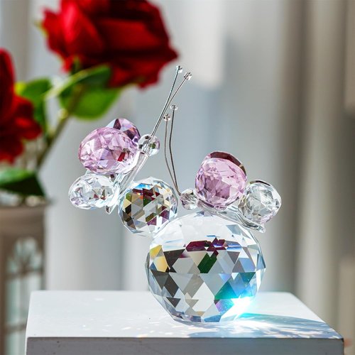 H&D Hyaline & Dora Pink Crystal Cut Double Butterfly Figurine - Handmade Art Glass Collectible Gift