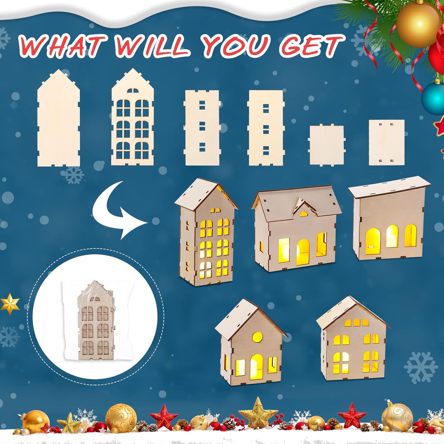 Skiennix Christmas Village Set - 12 Unassembled Houses with 6 LED Candle Lights | Festive Holiday Decor