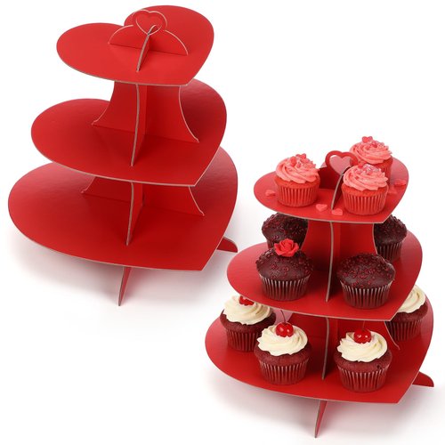 Willinglong 2 Pcs Valentine's Day Cupcake Stand 3 Tier Heart Red Cupcake Stand Cardboard Cupcakes Stands Tower Dessert Cup Tower Display Decoration for Birthday Wedding Baby Shower Party Supplies
