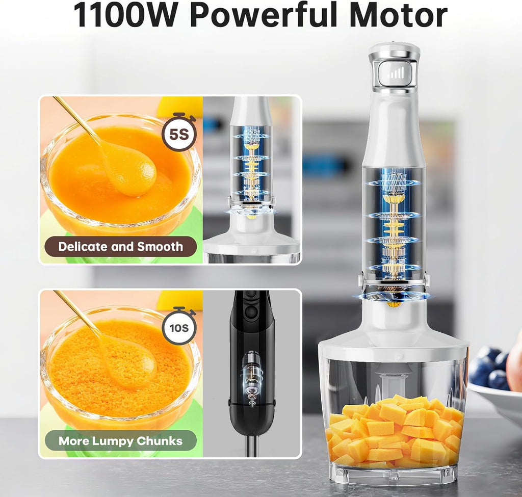Skiennix Immersion Blender - 1100W Handheld Stick Mixer with Variable Speed, Chopper & Whisk - White