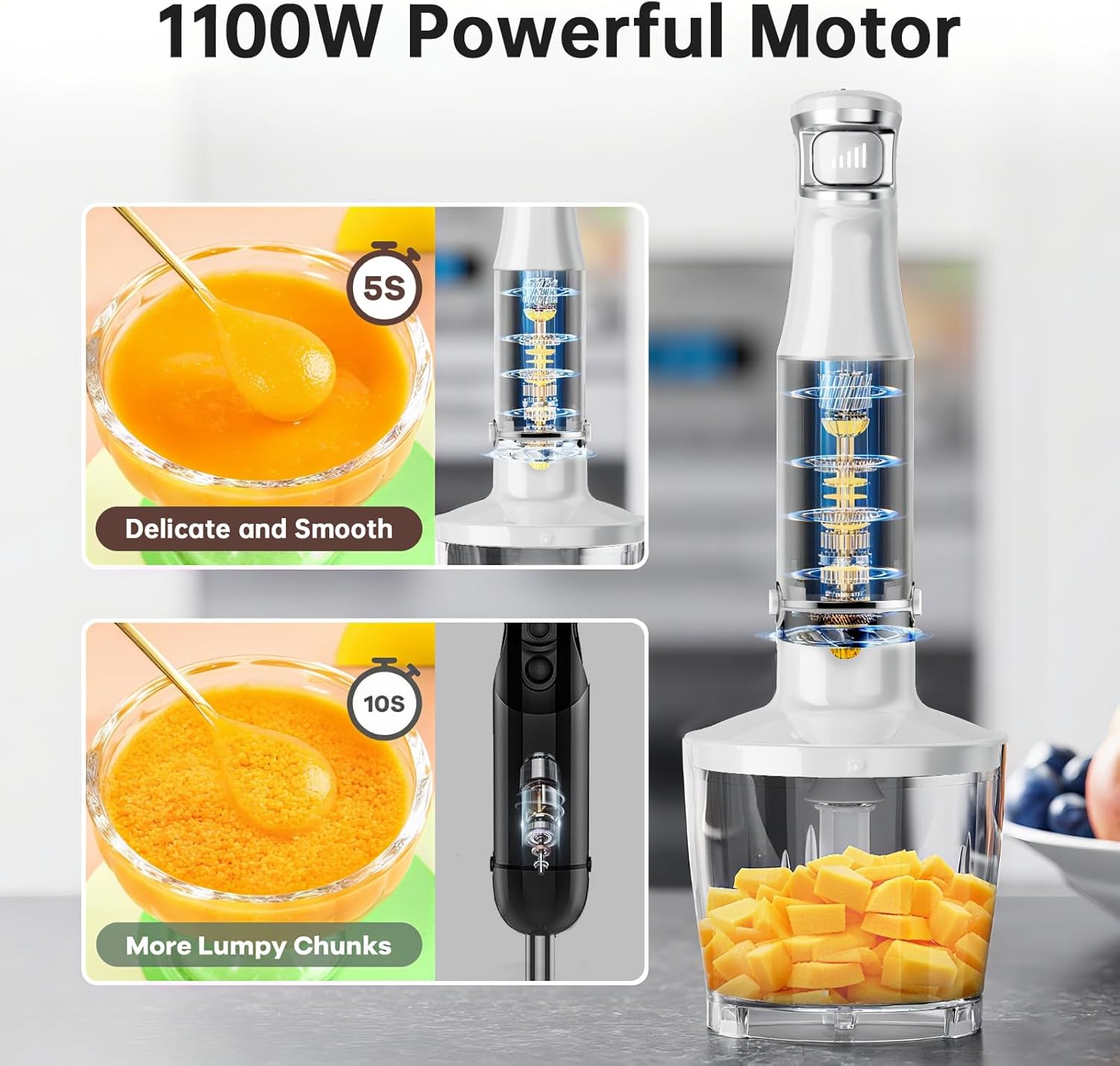 Skiennix Immersion Blender - 1100W Handheld Stick Mixer with Variable Speed, Chopper & Whisk - White