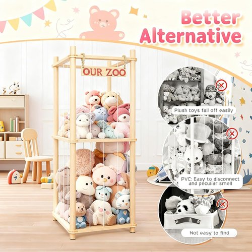 Natural Pine Wood Stuffed Animal Storage by [Brand Name] - Tall Plushie Playhouse with Elastic Cords for Kids' Rooms