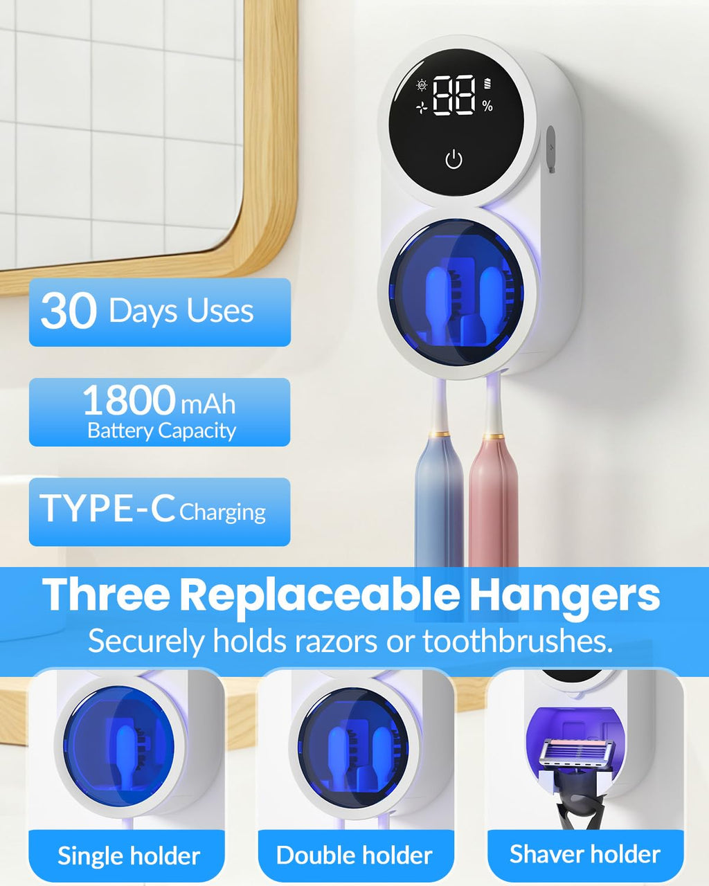 Toothbrush Sanitizer Holder, GEVOODIX Tooth Brush Holder for Bathroom, Wall-Mounted Toothbrush Holders Organizer Auto-Inductive Cover, 140℉ Air Drying Fits Most Electric, Manual and Kids’ Toothbrushes