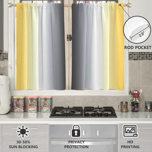 AAtter Yellow and Grey Window Curtains for Kitchen Gray Black White Ombre Art Boys Girls Men Small Short Home Living Room Bedroom Bathroom Drapes Treatment Tiers Fabric 1 Pair, 27.5" W x 39" L, Modern