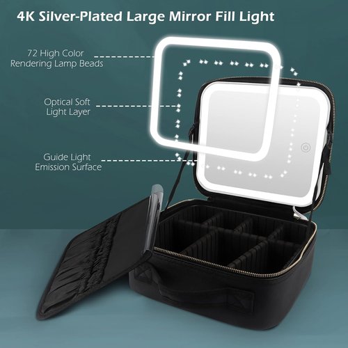 MOMIRA Travel Makeup Bag | Lighted Mirror with Adjustable Brightness | Waterproof Organizer - Black