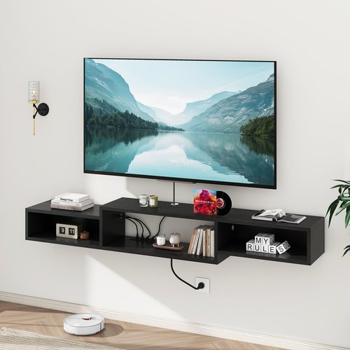 IBUYKE 71" Floating TV Stand Wall Mounted with Power Outlet,Wood Wall Mounted Media Console Shelf,Floating Entertainment Center for Under TV Storage for Living Room Bedroom Office,Black WST008B