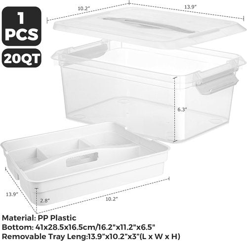CraftGenes Craft Storage Box - 20 QT Clear Plastic Organizer with Removable Tray & Lids | White Playdoh Container for Supplies