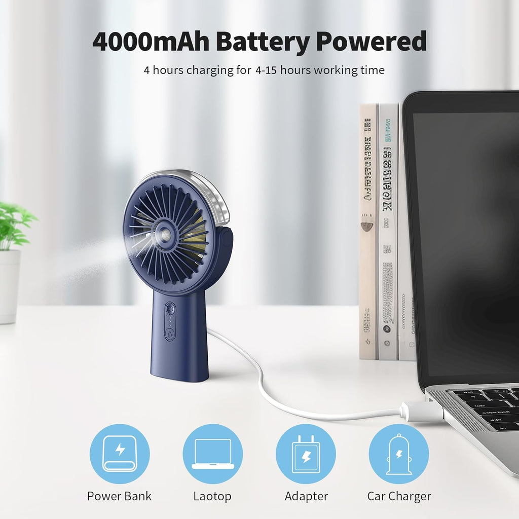 Otlonpe Handheld Misting Fan - Portable Rechargeable Water Spray Fan | 4000mAh Battery, 3-Speed, 4-15 Hrs Runtime
