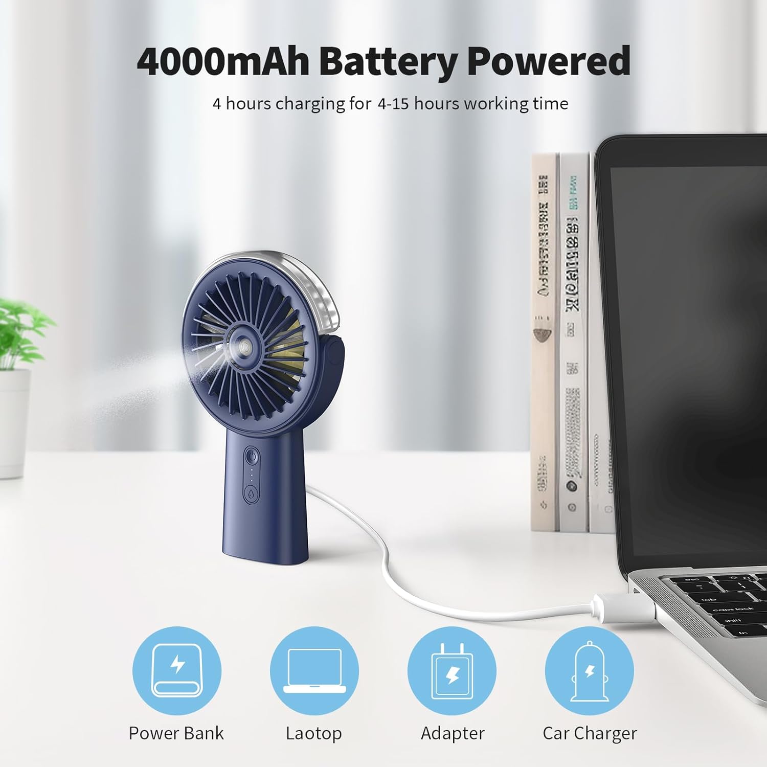 Otlonpe Handheld Misting Fan - Portable Rechargeable Water Spray Fan | 4000mAh Battery, 3-Speed, 4-15 Hrs Runtime