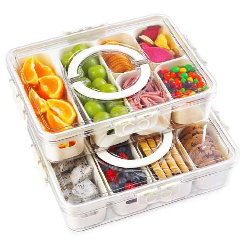 Yipaga 2 Pack Divided Serving Tray with Lid and Handle, 12 Compartments Snackle Box Container for Portable Snack Platters Large Clear Organizer for Picnic Snacks to Go Dishwasher Safe