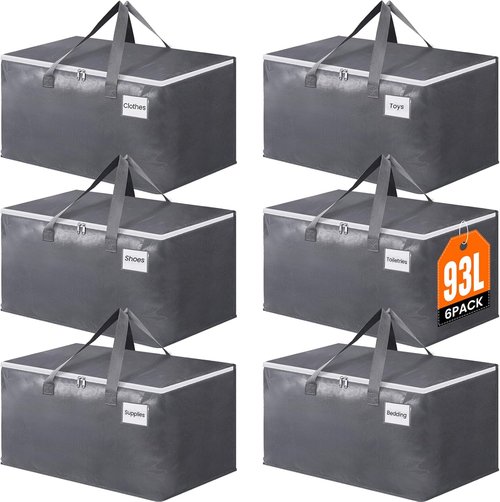 BlissTotes Large Storage Bags - Heavy Duty Moving Bags with Zippers & Handles | 93L, 6 Pack