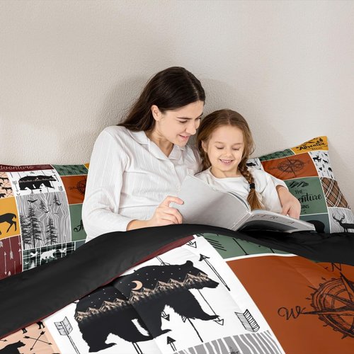 Cabin Retro Rustic Lodge Comforter Set, Bear Deer Country Bedding Twin, Hunting Wild Animal Quilt Plaid Check Adventure Themed Bedding Comforter Sets For Kids Boys Teens Adult Men Bedroom Decor