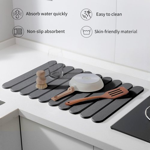 24"×16" Grey Stone Dish Drying Mats for Kitchen Counter, Large Quick Dry Collapsible Eco-Friendly Super Absorbent Diatomaceous Earth Heat-resistant Mat for Dishes Bottles Cups, Match Any Countertop
