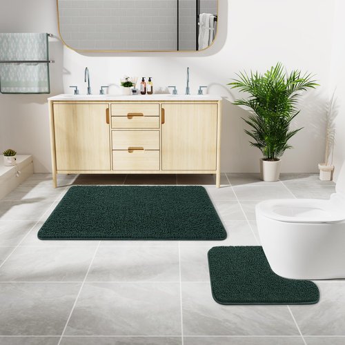 LOCHAS Bathroom Rugs Sets 2 Piece, Soft Non Slip Bath Mat Set, 20''x20'' U-Shaped Toilet Rug and 34''x21'' Hunter Green Bath Rugs, Washable Absorbent Chenille Toilet Rug Set for Bathroom, Shower