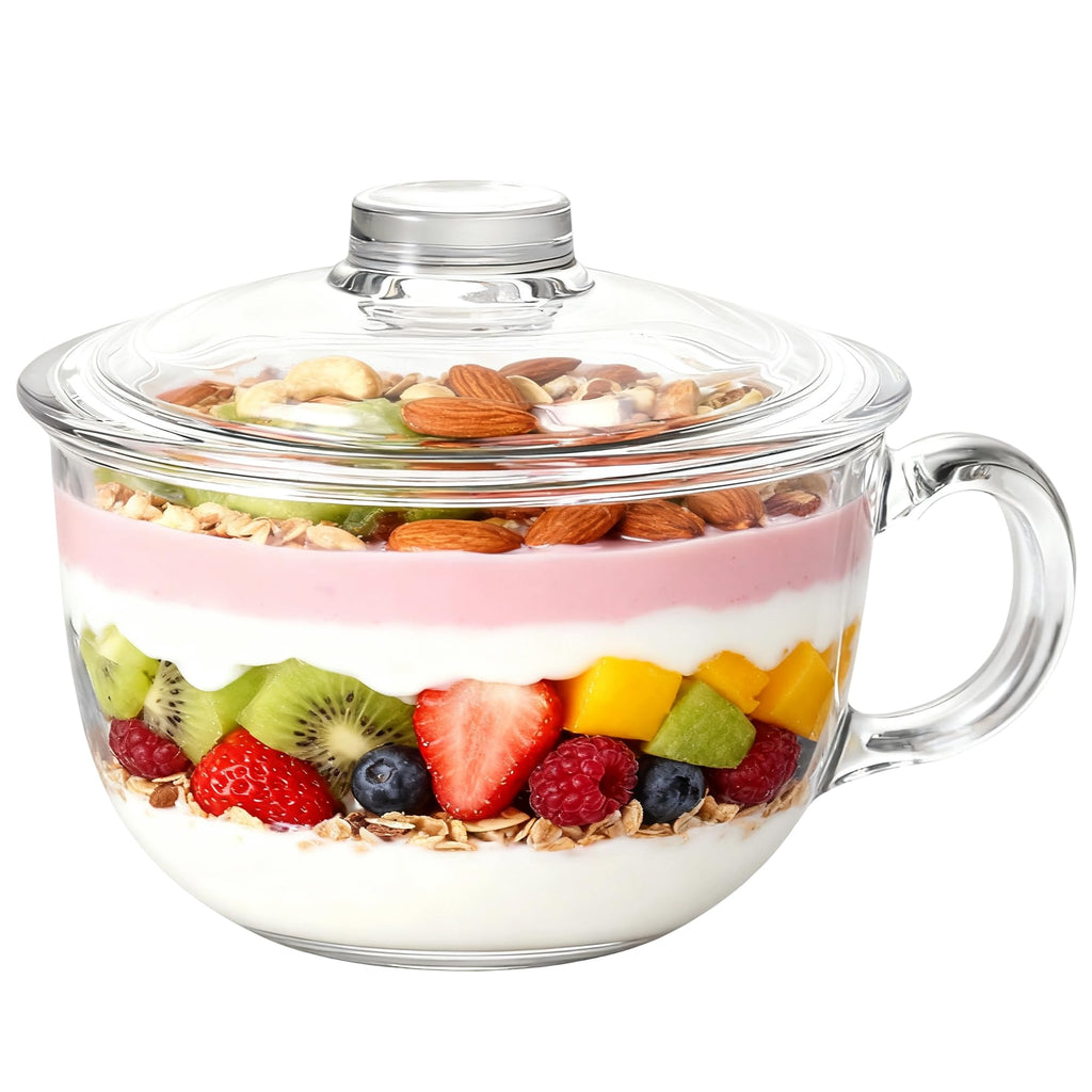 Foyofly Glass Cereal Bowl Soup Bowl with Handle Clear Small Bowls with Lid Oatmeal Breakfast Bowls Microwave Safe Glassware Yogurt Bowl Dessert Pasta Rice,500ml/16 oz