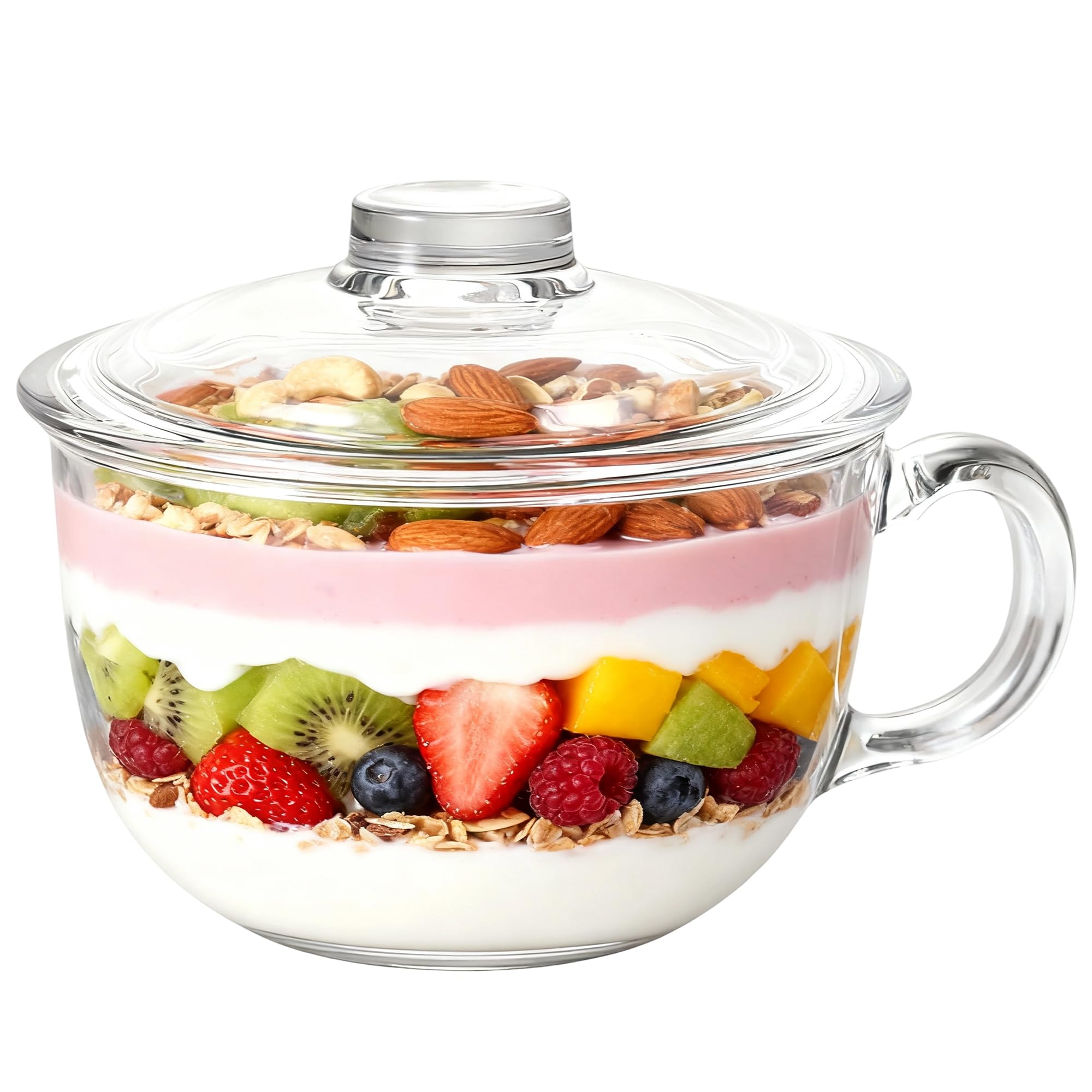 Foyofly Glass Cereal Bowl Soup Bowl with Handle Clear Small Bowls with Lid Oatmeal Breakfast Bowls Microwave Safe Glassware Yogurt Bowl Dessert Pasta Rice,500ml/16 oz