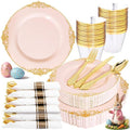 Nervure 175PCS Pink Plastic Plates - Disposable Pink Gold Party Plates & Pre Rolled Napkins with Cutlery for 25 Guests, 50Plates, 75Silverware, 25Cups, 25Napkin for Wedding & Party & Valentines