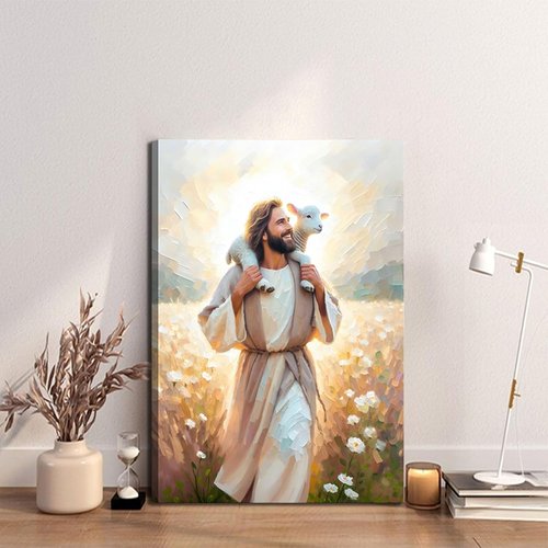 GKQNMU Jesus Carrying The Lamb Canvas Wall Art - Christ The Good Shepherd Decor | Ready To Hang for Living Room & Bedroom