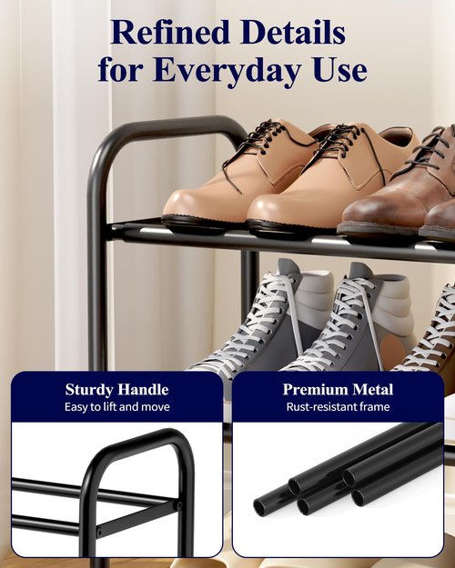 Kitsure Extendable Shoe Rack - 2-Tier Adjustable Metal Shoe Organizer, Sturdy Rust-Resistant Shoe Shelf for Entryway, Closet, or Bedroom, 17.5"–32.6" x 9.1" x 15.4", Black