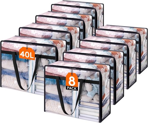 Lifewit 40L Clear Clothes Storage Bags - 8 Pack Vinyl Zipper Organizers for Bedding & Comforters
