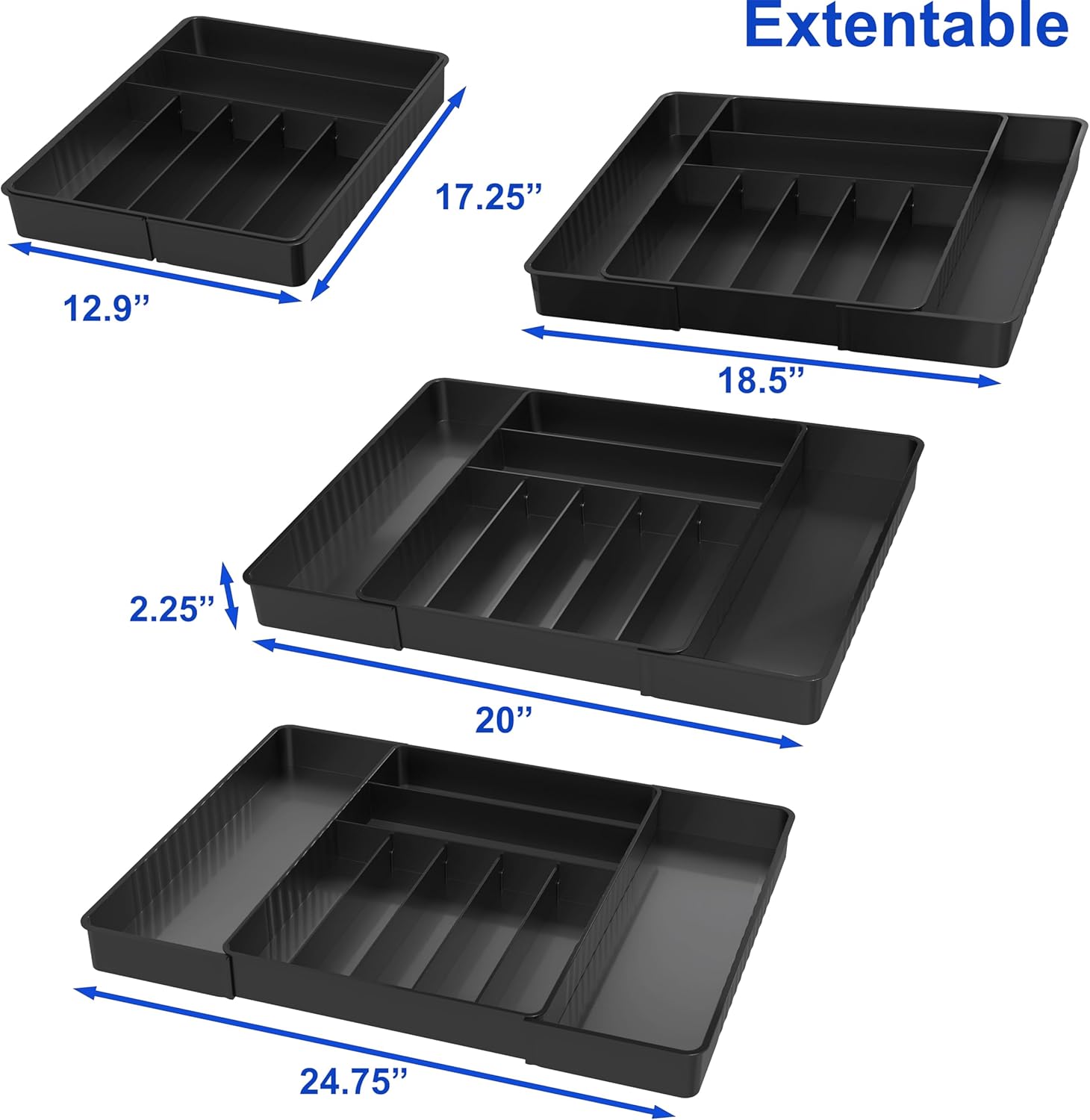 Simple Houseware Flatware Organizer - Adjustable Black Kitchen Drawer Tray with 9 Compartments for Utensils